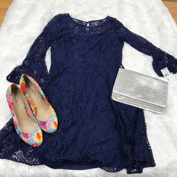 {Sandra Darren} Navy Lace Dress w Bell Sleeve - Picture 1 of 7